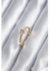 BFS Gold Renk Zirkon Taşlı Pembe Kristal Kalp Model Kadın Yüzük