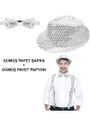 BFS   Gümüş Payetli Şapka ve Papyon Seti – Parıltılı Yetişkin Kostüm Seti