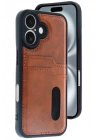 BFS  iPhone 16 Kılıf Sara Kartvizitli Deri Kılıf - Taba