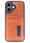BFS  iPhone 16 Kılıf Sara Kartvizitli Deri Kılıf - Taba