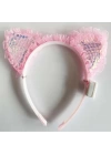 BFS     Kenarları Dantelli Pembe Pullu Payetli Led Işıklı Kedi Kulak Taç 17x19 cm