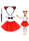 BFS Kırmızı Renk Etekli Kedi Kostüm Seti (Tütü, Taç, Papyon, Kuyruk)