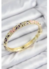 BFS Mineli Pirinç Zirkon Taşlı Pembe Mor Çiçek Motifli Gold Kadın Kelepçe