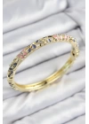 BFS Mineli Pirinç Zirkon Taşlı Pembe Mor Çiçek Motifli Gold Kadın Kelepçe