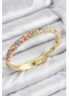 BFS Mineli Pirinç Zirkon Taşlı Pembe Mor Çiçek Motifli Gold Kadın Kelepçe