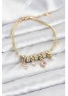 BFS Pirinç Gold Renk Pembe Kalp Charmlı Kadın Bileklik