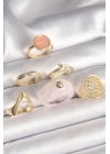 BFS Pirinç Gold Renk Pembe Plastik Yüzük Model Daire Pembe Mine Yılan Detay 6Lı Kadın Yüzük Seti