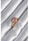 BFS Pirinç Gold Renk Pembe Zirkon Taşlı Charm Kalp Model Kadın Yüzük