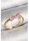 BFS Pirinç Gold Renk Pembe Zirkon Taşlı Kalp Fiyonk Model Kadın Yüzük