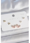 BFS Pirinç Gold Renk Pembe Zirkon Taşlı Kalp Model 925 Ayar Gümüş Çivi Kadın Küpe Seti