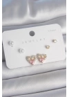 BFS Pirinç Gold Renk Pembe Zirkon Taşlı Kalp Model İnci Detay 925 Ayar Kadın Küpe Seti