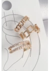 BFS Pirinç Gold Renk Zirkon Taşlı Kare Zincir Model Kadın Kıkırdak Küpe