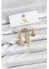 BFS Pirinç Gold Renk Zirkon Taşlı Yıldız Vintage Model YSX Trio Küpe Seti