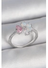 BFS Pirinç Gümüş Renk Beyaz Mineli Pembe Zirkon Taşlı Çiçek Model Kadın Yüzük