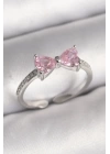 BFS Pirinç Gümüş Renk Pembe Zirkon Taşlı Kalp Fiyonk Model Kadın Yüzük