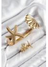 BFS Pirinç İstiridye Ve Deniz Yıldızı Model Gold Renk Bileklik Yüzük Set