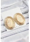 BFS Pirinç Mermer Desenlli Bej Sedef Oval Vintage Model Gold Renk Kadın Küpe