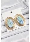 BFS Pirinç Mermer Desenlli Mavi Sedef Oval Vintage Model Gold Renk Kadın Küpe