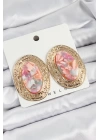 BFS Pirinç Mermer Desenlli Pembe Sedef Oval Vintage Model Gold Renk Kadın Küpe
