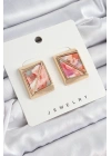 BFS Pirinç Pembe Üçgen Kesim Detaylı Kare Model Vintage Gold Renk Kadın Küpe