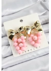 BFS Pirinç Sallantılı Pembe Boncuklu Fiyonk Vintage Model Gold Renk Kadın Küpe