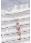 BFS Pirinç Zincir Gold Renk Pembe Zirkon Taşlı Y Kolye