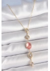 BFS Pirinç Zincir Pembe Gold Renk Zirkon Taşlı Y Kolye