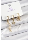 BFS Pirinç Zİrkon Taşlı Ay Ve Hilal Model Gold Renk 3lü Kadın Küpe