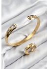 BFS Pirinç Zirkon Taşlı Ayrık Model Gold Renk Bileklik Yüzük Set