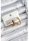 BFS Pirinç Zirkon Taşlı Bordo Halka Model Gold Renk 3lü Çift Kadın Küpe Set