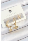 BFS Pirinç Zirkon Taşlı Çiçek Ve Ay Model Gold Renk 3lü Çift Kadın Küpe Set