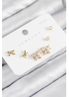 BFS Pirinç Zirkon Taşlı Fiyonk Model Gold Renk 925 Ayar Gümüş Çivi Kadın Küpe Set