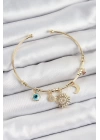 BFS Pirinç Zirkon Taşlı Güneş Ay Nazar Model Gold Renk Charm Bileklik