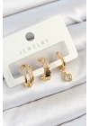 BFS Pirinç Zirkon Taşlı Halka Model Gold Renk 3lü Çift Kadın Küpe Set