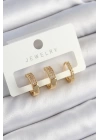 BFS Pirinç Zirkon Taşlı Halka Model Gold Renk 3lü Çift Kadın Küpe Set
