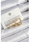 BFS Pirinç Zirkon Taşlı Halka Model Gold Renk 3lü Çift Kadın Küpe Set