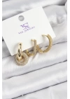 BFS Pirinç Zİrkon Taşlı Halka Model Gold Renk 3lü Kadın Küpe