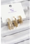BFS Pirinç Zİrkon Taşlı Halka Model Gold Renk 3lü Kadın Küpe
