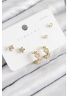 BFS Pirinç Zirkon Taşlı Halka Model Gold Renk 925 Ayar Gümüş Çivi Kadın Küpe Set