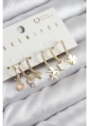 BFS Pirinç Zirkon Taşlı Hello Kity Ve Yonca Model Gold Renk 6lı Küpe Set