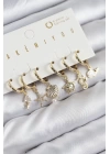 BFS Pirinç Zirkon Taşlı İstiridye Balina Ve Yıldız Gold Renk 6lı Küpe Set
