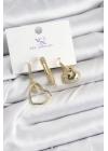 BFS Pirinç Zİrkon Taşlı Kalp Model Gold Renk 3lü Kadın Küpe