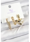 BFS Pirinç Zİrkon Taşlı Kalp Model Gold Renk 3lü Kadın Küpe