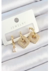 BFS Pirinç Zirkon Taşlı Kare Model Gold Renk 3lü Çift Kadın Küpe Set