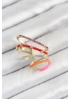 BFS Pirinç Zirkon Taşlı Kırmızı Turuncu Pembe Sıkıştırma Sağ Kıkırdak Gold Renk Kadın Küpe