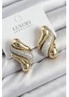 BFS Pirinç Zirkon Taşlı Kıvrım Model Gold Renk Kadın Küpe