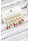 BFS Pirinç Zirkon Taşlı Meyve Temalı Karışık Model Gold Renk 6lı Set Kadın Küpe