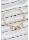 BFS Pirinç Zirkon Taşlı Pembe Kalp Model Gold Renk Charm Bileklik