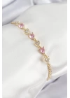 BFS Pirinç Zirkon Taşlı Pembe Kalp Model Gold Renk Kadın Bileklik