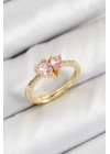 BFS Pirinç Zirkon Taşlı Pembe Kalp Model Gold Renk Kadın Yüzük